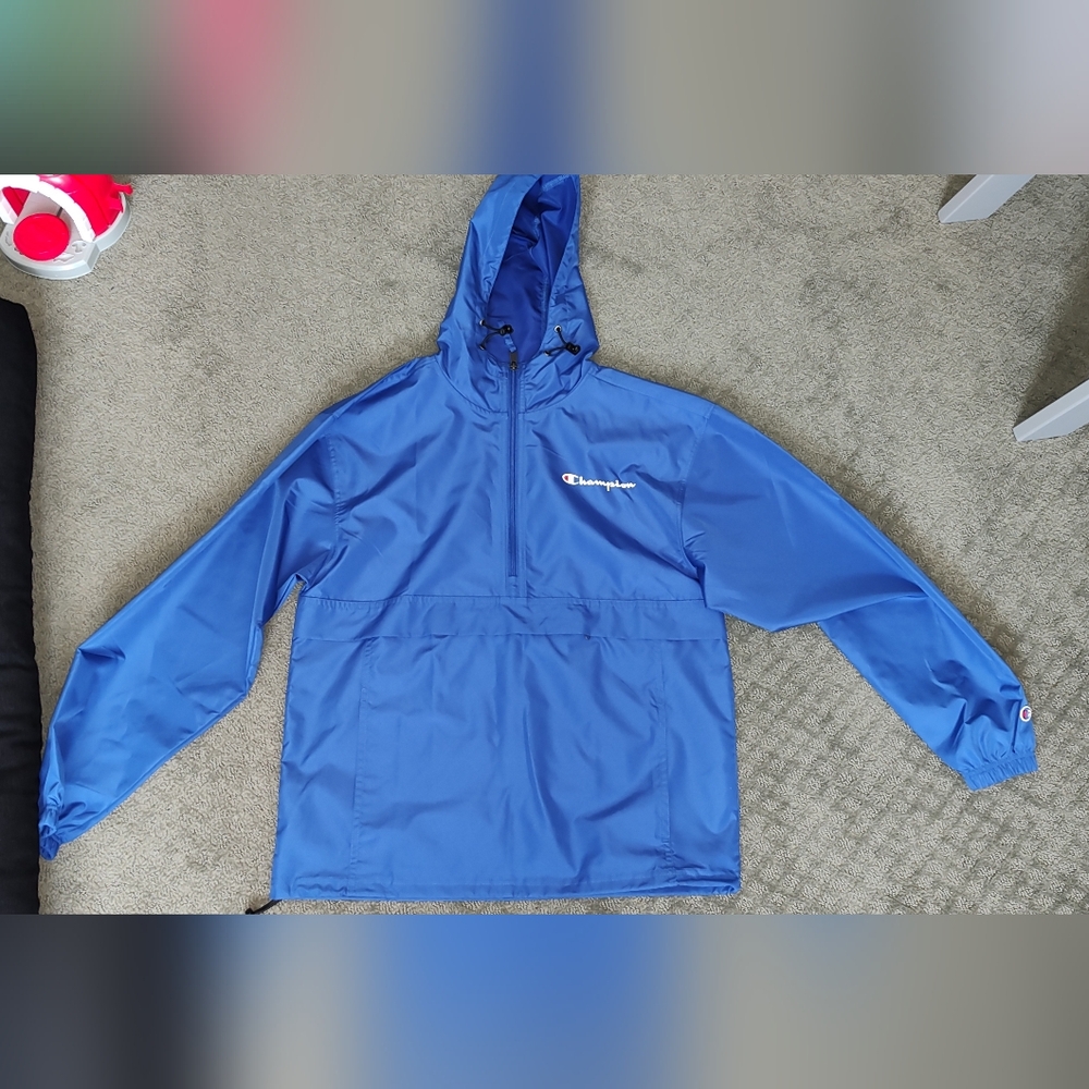 Champion Jacket Mens S Blue Kangaroo Packable Half Zip Hooded Water Resistant